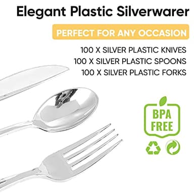 FOCUSLINE 300 Pack Silver Plastic Cutlery Set - 100 Forks, 100 Knives, 100 Spoons - Disposable Flatware Heavy Duty Plastic Silverware Set for Catering, Parties, Dinners, Weddings - Image 3