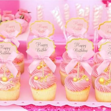 24 Pcs Pink Bow Cupcake Toppers Bow Birthday Decorations for Girls Women Baby Show Wedding Coquette Themed Party Decorations (Pink) - Image 3