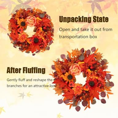 24" Fall Wreath for Front Door Outside - Sunflower, Pumpkin, Berry & Maple Leaves | Weatherproof Autumn Outdoor Wreaths with Hanger Hook for Thanksgiving, Harvest - Image 6
