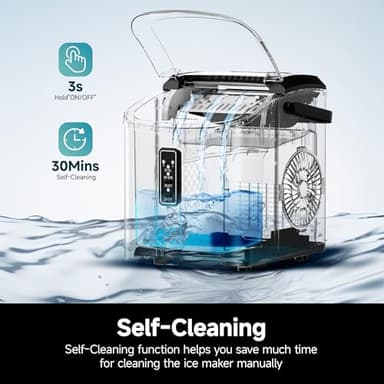 EUHOMY Ice Maker Countertop, 9 Cubes Ready in 6 Mins, 26lbs/24H, Self-Cleaning, Portable Ice Maker Machine with Carry Handle, Basket and Scoop, 2 Sizes of Bullet Ice for Home, Kitchen, Office - Image 5