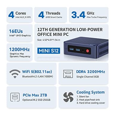 Beelink Mini PC, Mini S12 Intel 12th N95(Up to 3.4GHz), 8GB DDR4 256GB M.2 SSD, Desktop Computers Support 4K Dual HDMI Display/USB3.2/1000Mbps LAN/WOL Home/Office - Image 2