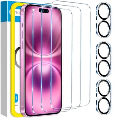 Fotbor for 3Pack iPhone 16 Screen Protector with 3Pack Camera Lens Protector, 9H+ Tempered Glass Easy Installation Kit, Case Friendly iPhone 16 - Image 1