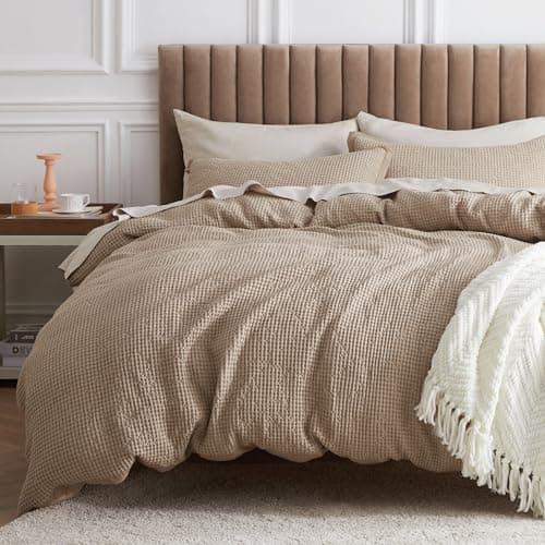 Bedsure Cotton Duvet Cover Queen - 100% Cotton Waffle Weave Warm Sand Duvet Cover Queen Size, GentleSoft™ and Breathable Bedding Set for All Season, 3 Pieces, 90"x90" - Image 1