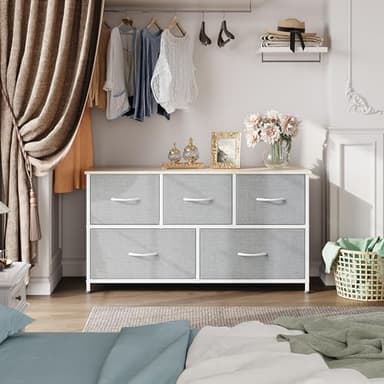 WLIVE Dresser for Bedroom with 5 Drawers, Wide Chest of Drawers, Fabric Dresser, Storage Organization Unit with Fabric Bins for Closet, Living Room, Hallway, Light Grey - Image 4
