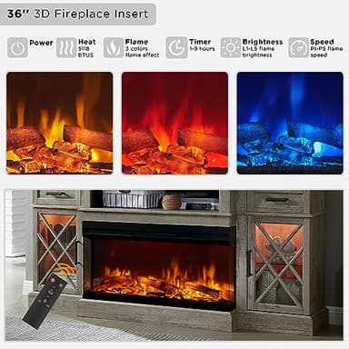 OKD 3-Sided Glass Farmhouse Fireplace TV Stand - Highboy Entertainment Center with Glass Door Storage Cabinet, 70'' Large TV Stands with Electric Fireplace, Light Rustic Oak - Image 4