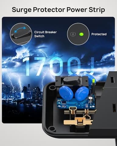 TROND Desk Clamp Power Strip - 1700J Surge Protector with 7 Outlets, Desktop Edge Mount Extension Cord, Fit 1.97" Tabletop, 6FT Flat Plug for Teacher Must Haves, Office, ETL List, Black - Image 5