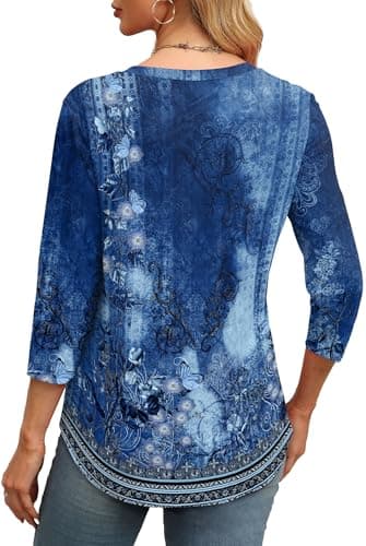 XIEERDUO 3/4 Length Sleeve Womens Tops 2025 Trendy Pleated Tunic Tops for Women Loose Fit Dressy Blue Printed L - Image 4