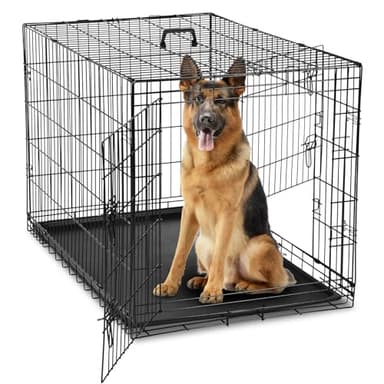 DUMOS Dog Crate, 42 Inch Large Double Door Dog Cage with Plastic Leak-Proof Pan Tray, Folding Metal Wire Pet Kennel for Indoor, Outdoor, Travel - Image 1