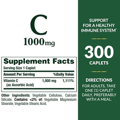 Nature's Bounty Vitamin C 1000mg, Supports Immune and Antioxidant Health, Vitamin C Supplement, 1 Per Day, 300 Vegetarian Caplets - Image 2