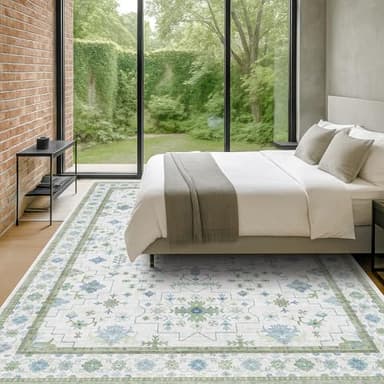Oriental 10x14 Rug Living Room - Washable Oushak Boho Extra Large for Bedroom Non Slip Soft Faux Wool Carpet for Dining Room Playroom - Cream Blue and Green Floral Rug - Image 3