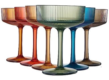 Shatterproof Acrylic Ribbed Vintage Art Deco Martini, Champagne & Cocktail Muted Color Plastic Tritan Coupe Glasses | Set of 6 | 8 oz Ripple Glassware Classic Cocktail Indoor & Outdoor, European Style - Image 1