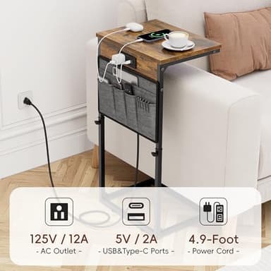 Vagusicc C Shaped End Table with Charging Station, 33" Tall Side Table for Couch, Sofa Table Adjustable Height Small Couch Side C Table, Slide Under Sofa Tray Arm Table for Living Room, Bedroom, Brown - Image 7