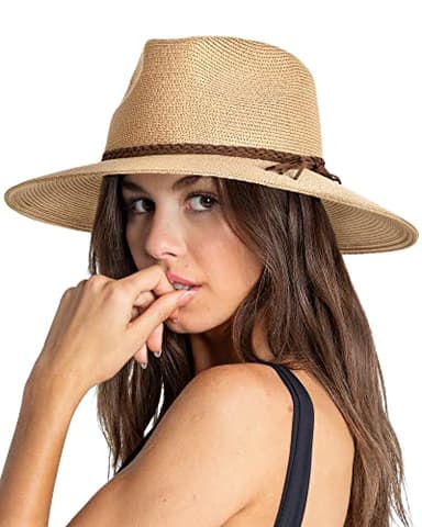 FURTALK Sun Hats for Women Summer Wide Brim UV UPF 80+ Panama Fedora Foldable Packable Straw Beach Hat Khaki - Image 7