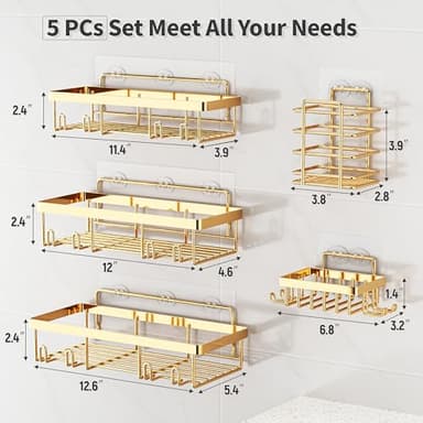Liuoud 5 Pack Shower Caddy Organizer Rack Shelf for Inside Shower, Self Adhesive Wall Storage Basket Rustproof Stainless Steel Shampoo Holder Bathroom Accessory Decor Set, Gold - Image 5