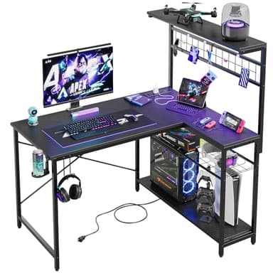 Bestier 42 L Gaming Desk,Computer Desk with Power Outlets, LED Lights, Reversible Corner Desk with 4-Tier Shelves,Cup Holder & Hook Carbon Fiber Black - Image 3