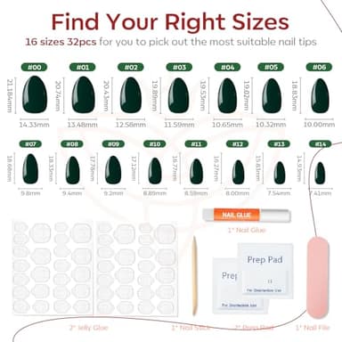 Modelones Dark Green Press on Nails Almond, Fall Halloween Short Almond Fake Nails, Reusable Nail Kit with Nail Glue Adhesive Tabs Mini Nail File, Nails Press Ons 32Pcs 16 Sizes - Image 4