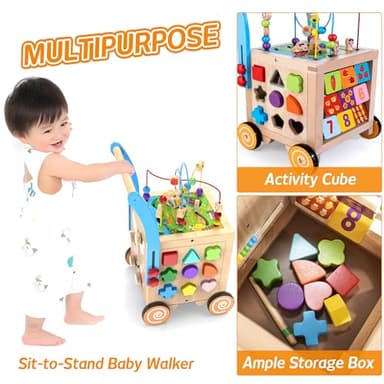 WOODMAM 9-in-1 Wooden Activity Cube | Wooden Baby Walker, Sit-to-Stand Learning Walker Activity Center, Early Educational Push & Pull Toys for Baby Toddler Boys Girls, Height & Brake Adjustable - Image 4
