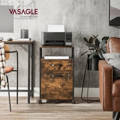 VASAGLE File Cabinet, Mobile Filing Cabinet on Wheels, for Home Office, 2 Lockable Drawers, for A4, Letter-Size Hanging File Folders, Open Shelf, Steel Frame, Rustic Brown and Ink Black UOFC077B01 - Image 2