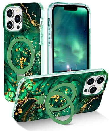 Lamcase for iPhone 13 Pro Case with Magnetic Invisible Ring Stand [Compatible with MagSafe], Full Body Rugged Slim Women Men Girl Shockproof Marble Pattern Design Case, Deep Green - Image 1