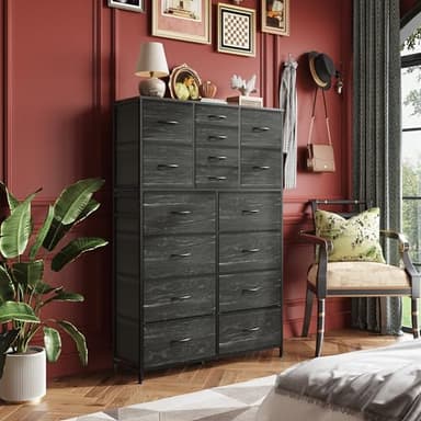 WLIVE 16 Drawers Dresser, Large Dresser for Bedroom, Closet, Hallway, Storage Dressers Organizer Unit, Chests of Drawers with Fabric Bins, Charcoal Black Wood Grain Print - Image 4