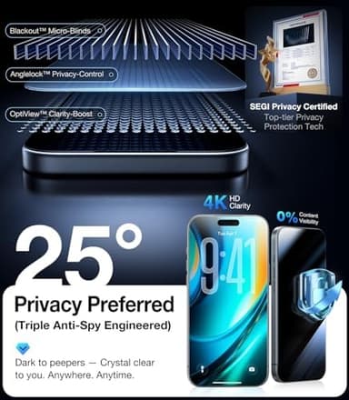 UltraGlass TOP 9H+ Armor for iPhone 17 Pro Privacy Screen Protector [NO.1 Military Grade Shatterproof] Privacy Screen iPhone 17 Pro Tempered Glass [100% Anti-Spy] Longest Durable, 2 Pack, 6.3'' - Image 5