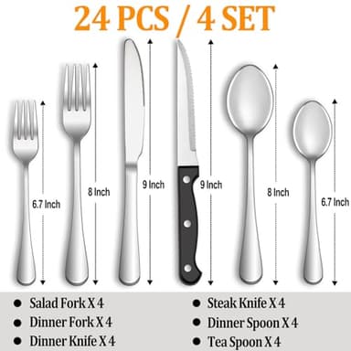 MUTNITT Silverware Set with Steak Knives Service for 4,Stainless Steel Flatware, Mirror Polished Cutlery Utensil Set for Home Kitchen Eating Tableware, Include Fork Knife Spoon, Dishwasher Safe - Image 2