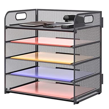 Supeasy 5 Trays Paper Organizer Letter Tray with Handle-Mesh Desk File Organizer, Grey Paper Sorter Desk Organizer for Office, Home or School - Image 1