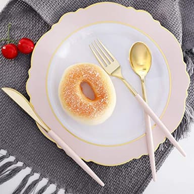 I00000 144Pcs Pink Plastic Silverware, Gold Disposable Flatware with Pink Handle, Gold Plastic Cutlery Set Includes: 48 Forks, 48 Knives and 48 Spoons Perfect for Party & Wedding - Image 4