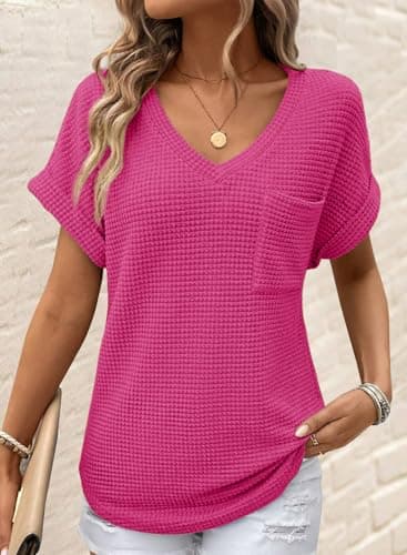 Dokotoo Spring Tops for Women Trendy V Neck Waffle Knit Tshirts Shirts for Women 2025 Fashion Summer Blouses Dressy Casual Cute Tops Womens Cruise Outfits Clothes Clothing - Image 2