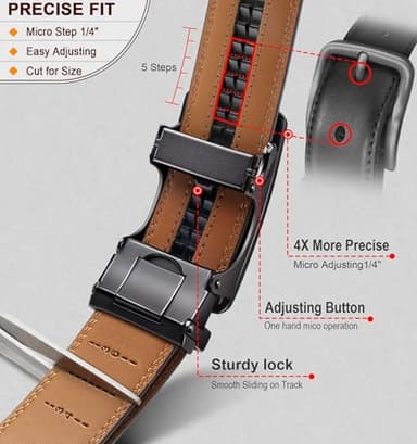 KEMISANT Men Belt 2 Pack, Leather Ratchet Belt Easy Click Slide For Men 1 3/8",Cut for Fit(Black/Deep Brown,38"-44" Waist Adjustable) - Image 3