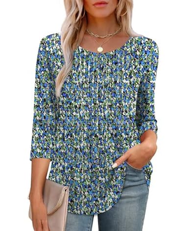 XIEERDUO Womens Tops Dressy Casual Summer 3/4 Length Sleeve Tops Women Blouses Early Fall Fashion Clothing Outfits 2025 Beach Vacation Fall Clothes Deal F-Blue Floral XL - Image 3