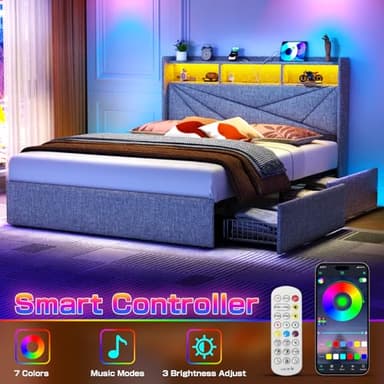 Driftalia King Size Bed Frame with 4 Storage Drawers, Upholstered King Bed Frame with Charging Station and LED Lights Headboard, No Box Spring Needed, Easy Assembly - Light Grey - Image 3