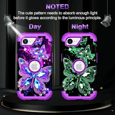 Miqala for iPhone 16e Case 2025,Glow in The Dark Three Layer Heavy Duty Shockproof Protection Hard Plastic Bumper+Soft Silicone Protective Case for Apple iPhone 16e,Dark Butterfly - Image 2