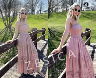 ZESICA Women's 2025 Summer Bohemian Strapless Off Shoulder Lace Trim Backless Flowy A Line Beach Long Maxi Dress,Pink,X-Small - Image 7