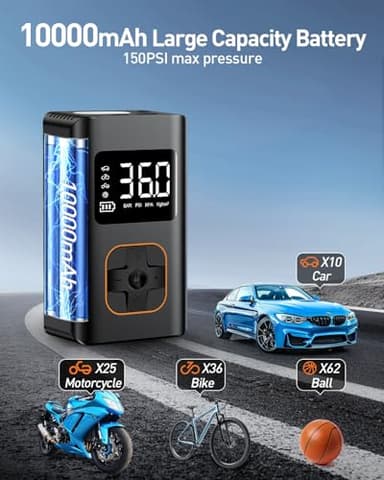 Tire Inflator Portable Air Compressor - 10000mAh Cordless Air Pump for Car Tires, 150 PSI Electric Bike Tire Pump with LED Light and Digital Pressure Gauge for Motorcycle, Auto, Ball, Bicycle (Art) - Image 4