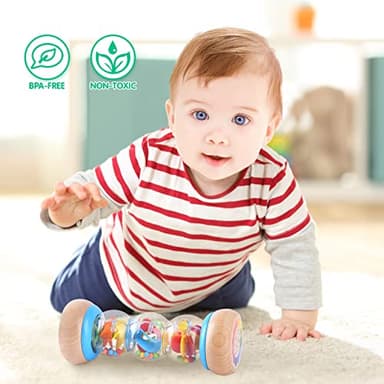 PLAY Rainmaker - 7 inch Wooden Rainbow Rain Stick Montessori Toys for Babies 6-12 Months, Baby Rattle Shaker Sensory Developmental Toy, Raindrops Musical Instrument - Image 5