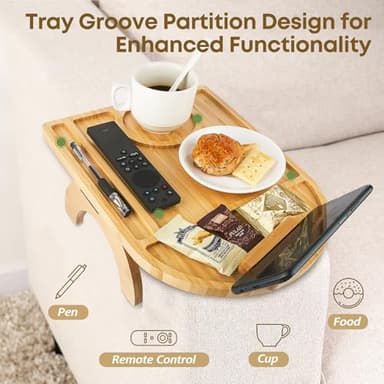 Wisreach Bamboo Sofa Tray Table, Clip-On Tray Sofa Table - 15” L x 10.2” W, Anti-Slip Sofa Armrest Tray Table with 360° Phone Holder, Couch Arm Table for Eating, Drinks, Snacks, Remote, and Pen - Image 3