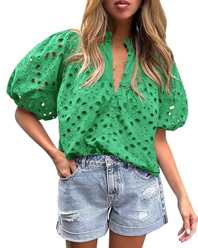 PRETTYGARDEN Women's Summer Tops 2025 Dressy Casual Short Sleeve V Neck Buttons Hollow Out Lace Embroidered Blouses Shirts (Green,Medium) - Image 1