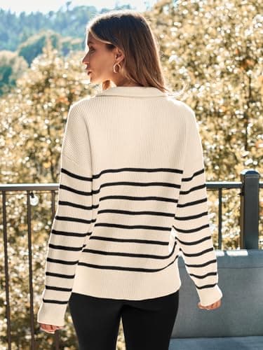 LILLUSORY Women's Quarter Zip Striped Oversized Sweater 2025 Mock Turtleneck Fall Fashion Outfit Apricot-Black S - Image 4