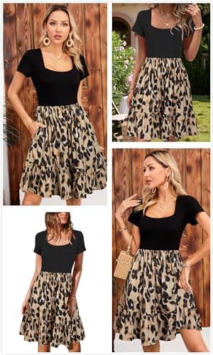 Newshows Summer Work Dresses for Women 2025 Short Sleeve Square Neck Modest Teacher Outfits Dresses Casual Beach Church Funeral A-Line Ruffle Sundress Trendy with Pockets(Leopard Black Floral,M) - Image 3