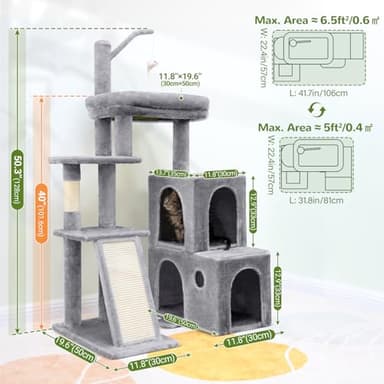 Globlazer Cat Tower for Indoor Adult Cats, 50-inch Heavy Duty Cat Tree for Big Cats, Cat Tree House with Extra-Large Padded Platform, Sisal Scratching Board, 2 Large Condos, F50, Light Grey - Image 6