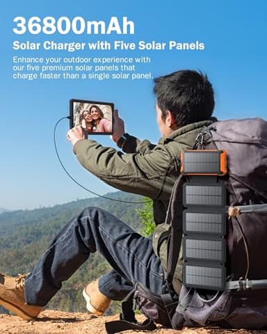 GOODaaa Power Bank Wireless Charger 36800mAh Solar Charger with Five Solar Panels Built-in Four Cable Five Outputs Portable Power Bank for Cell Phone with Dual Flashlights, Carabiner - Image 2