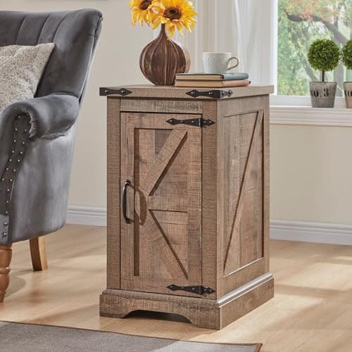 JXQTLINGMU Nightstand with Charging Station, Rectangular Farmhouse End Table with Barn Door and Adjustable Storage Shelf, 17" Deep Wood Rustic Sofa Side Table for Living Room, Bedroom, Light Brown - Image 1