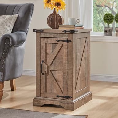 JXQTLINGMU Nightstand with Charging Station, Rectangular Farmhouse End Table with Barn Door and Adjustable Storage Shelf, 17" Deep Wood Rustic Sofa Side Table for Living Room, Bedroom, Light Brown - Image 1