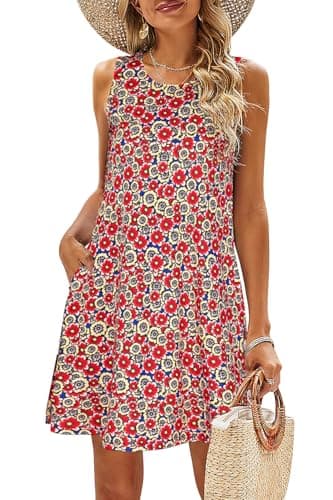 SimpleFun Red Floral Print Dresses for Women Cotton Sundresses Casual Swing Dress Beach Vacation Essentials,XXL - Image 1