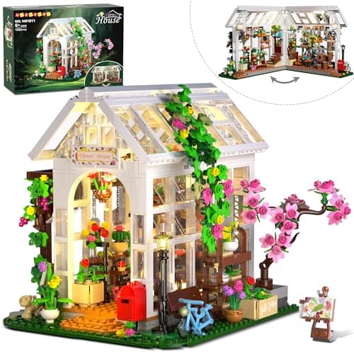 HOGOKIDS Flower House Building Set with LED Light - 1332 PCS Garden House Buiding Toy with Flowers Potted Plants Parrot Cat Animals Playset Greenhouse Model Xmas Gift for Adults Teens Girls Ages 8+ - Image 1