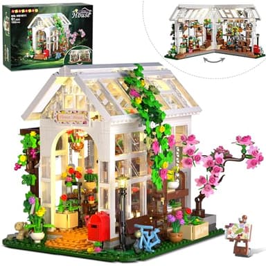 HOGOKIDS Flower House Building Set with LED Light - 1332 PCS Garden House Buiding Toy with Flowers Potted Plants Parrot Cat Animals Playset Greenhouse Model Xmas Gift for Adults Teens Girls Ages 8+ - Image 1