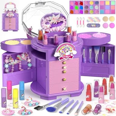 PERRYHOME Kids Makeup Set for Girls, 63 Pcs Washable Non-Toxic Real Cosmetic Toddler Makeup Kit, Unicorn Princess Play Makeup Toys Birthday Gifts, Dress up Time Girl Toys for 3 4 5 6 7 8 9 10 11 12 - Image 1