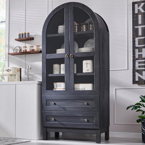 IFGET 71" Tall Arched Kitchen Pantry Cabinet, Wood Kitchens Storage Cabinets with 2 Large Drawers and Adjustable Shelves, Modern Farmhouse Versatile Cupboard for Kitchen, Dining Room, Bathroom, Grey - Image 1
