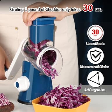 Ourokhome Rotary Cheese Grater Hand Crank, Kitchen Shredder Speed Mandolin Slicer Ice Shaver with Handle and Drum Blades for Cheese, Vegetable, Nuts, Chocolate, Potato, Carrot, 5 Blades, Dark Blue - Image 6
